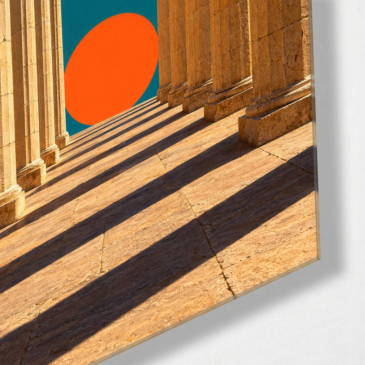 Sun between the Columns — corner detail of glass wall art