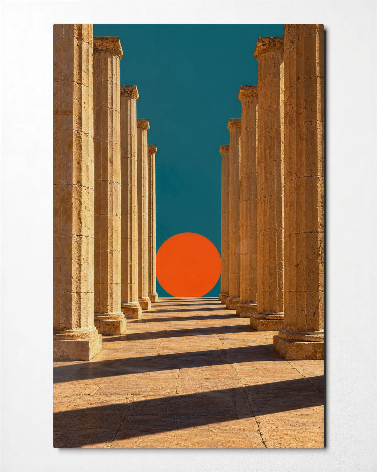 Sun between the Columns — front view of glass wall art