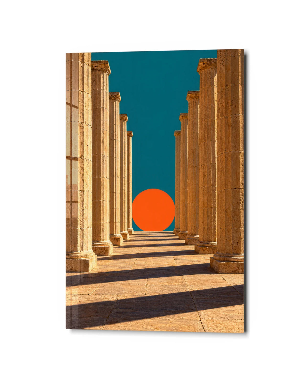 Sun between the Columns — studio view of glass wall art