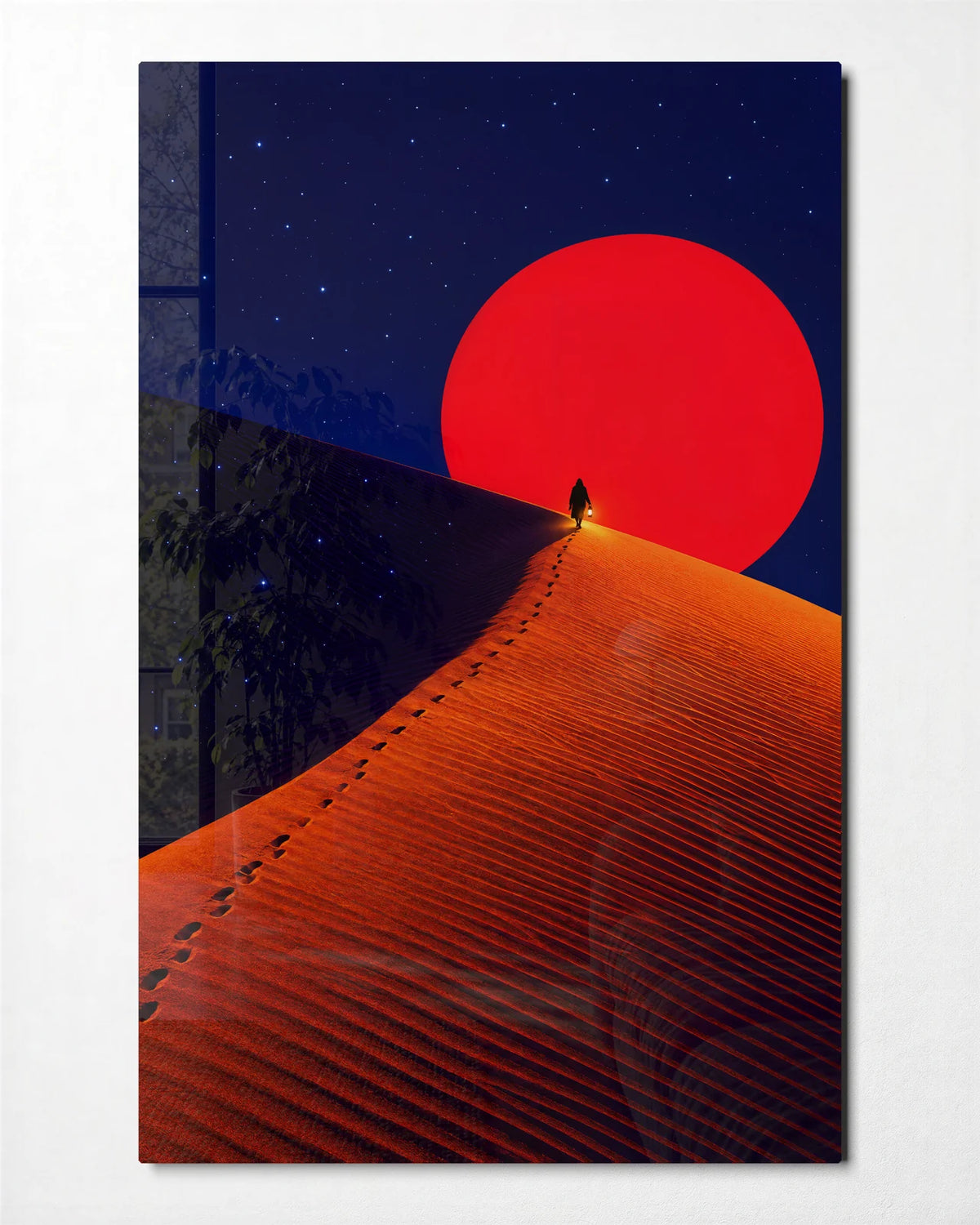 Footsteps to Red — front view of glass wall art