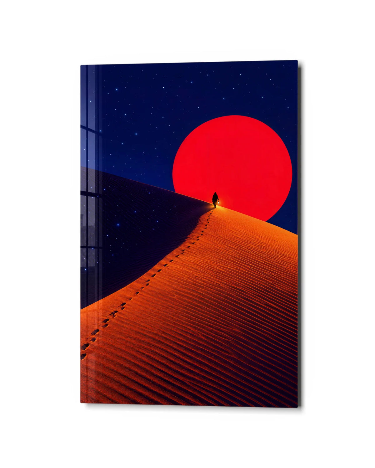 Footsteps to Red — studio view of glass wall art