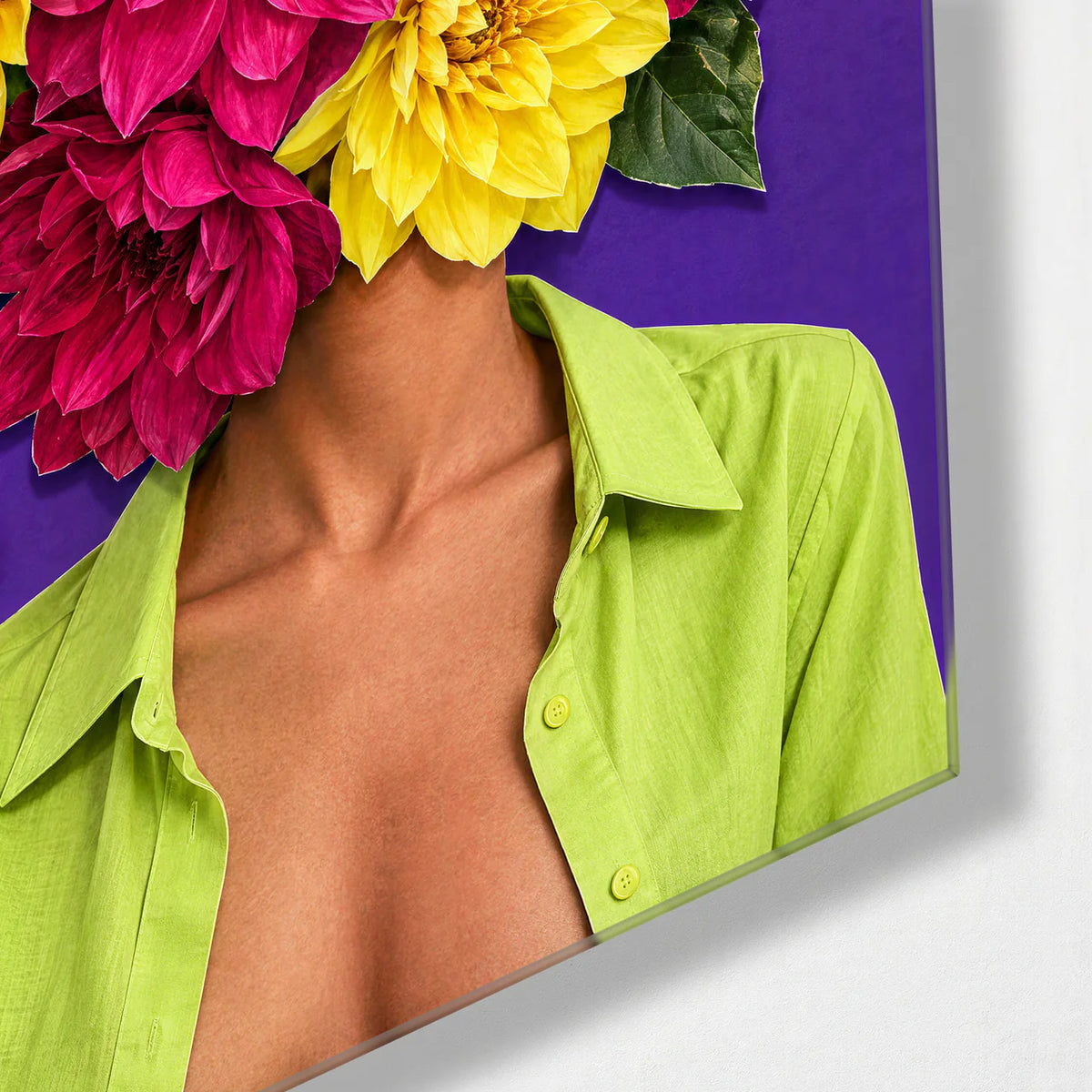 Dahlias on Her Mind — corner detail of glass wall art