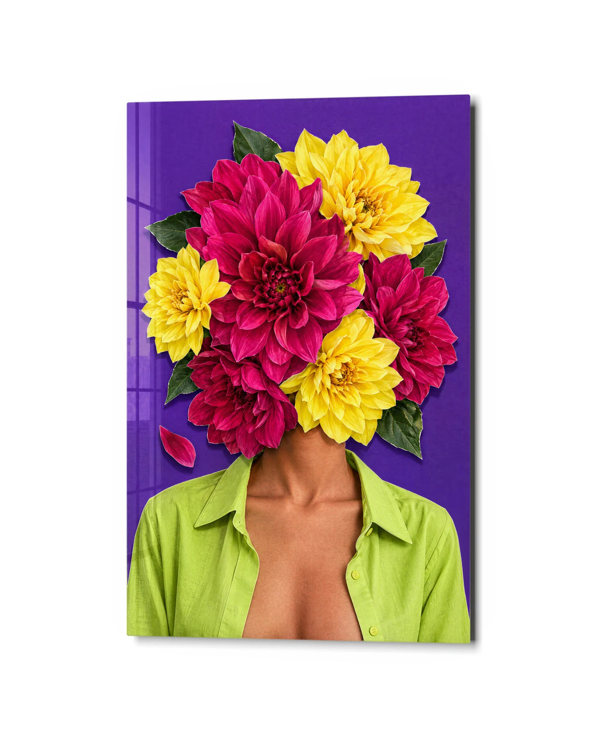 Dahlias on Her Mind — studio view of glass wall art