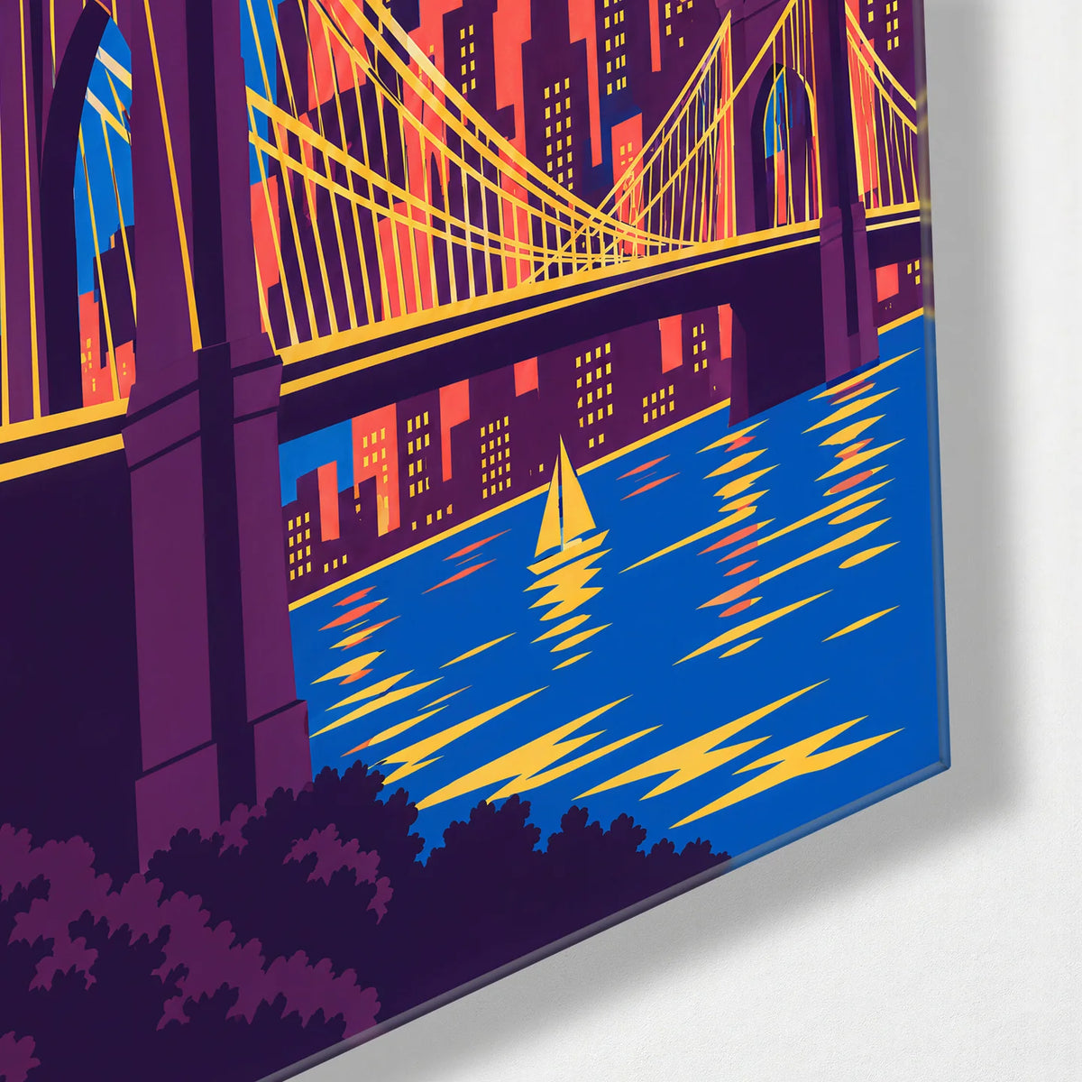 New York at Dusk — corner detail of glass wall art