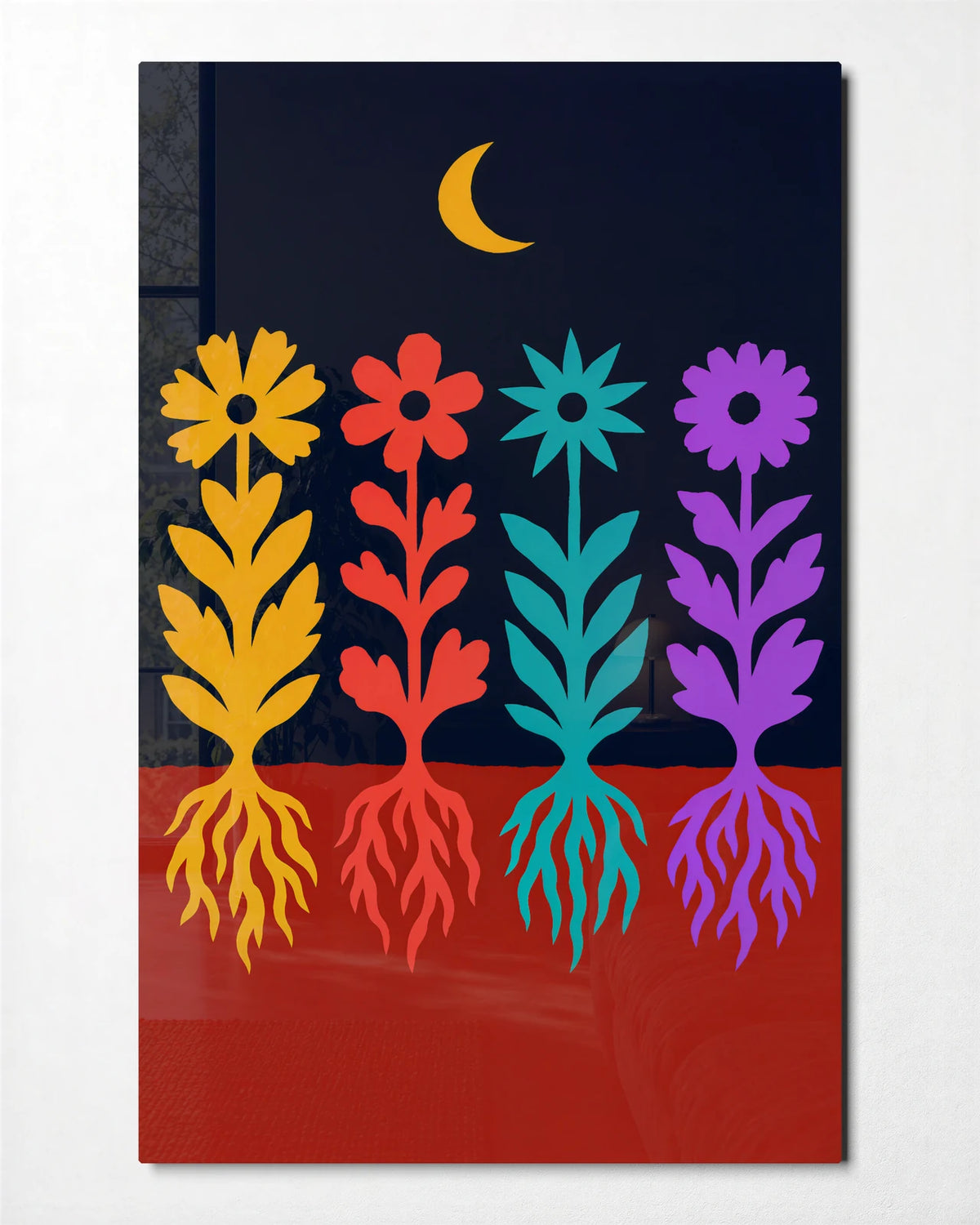 Flowers Below the Moon — front view of glass wall art