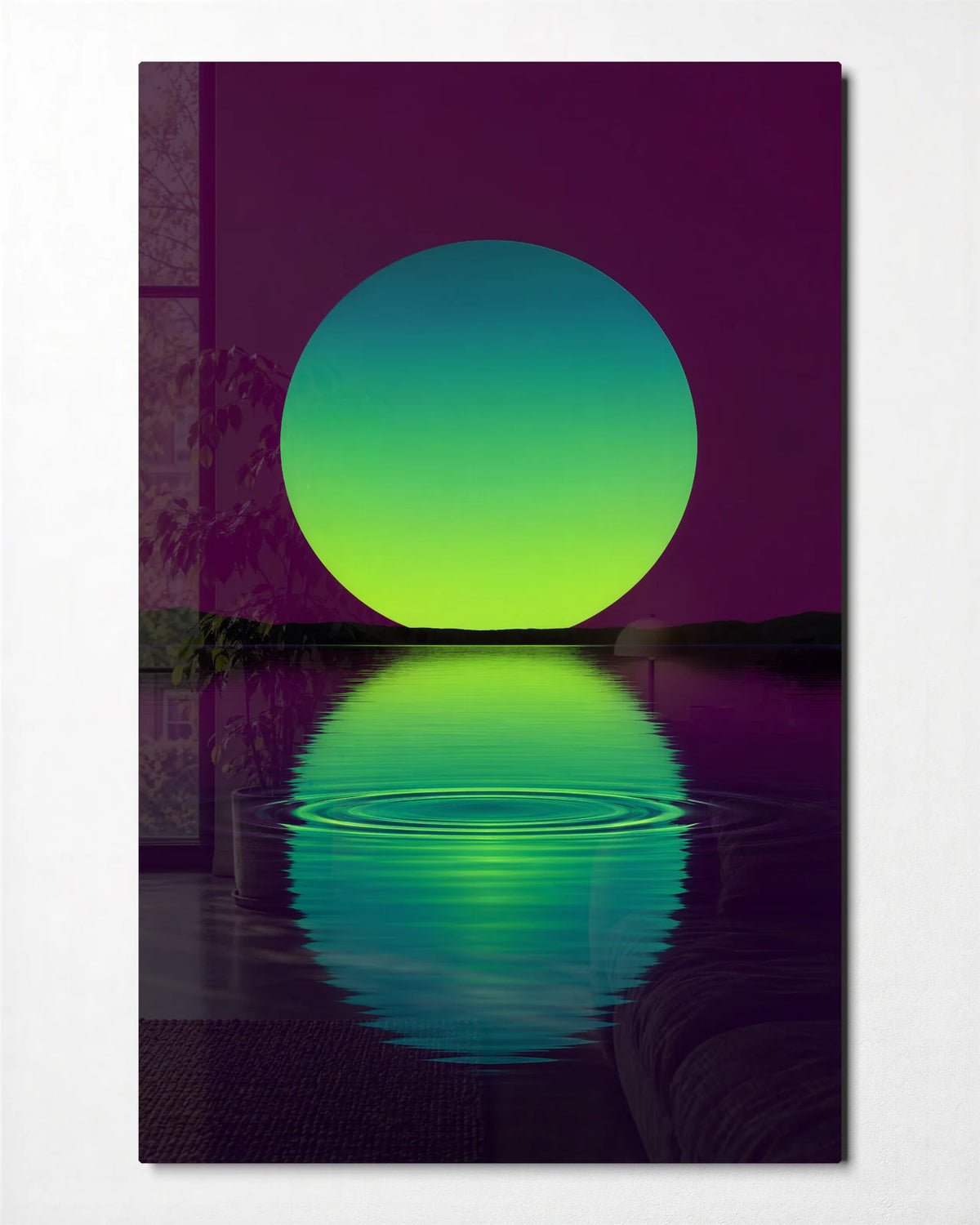 Green Moon Water — front view of glass wall art