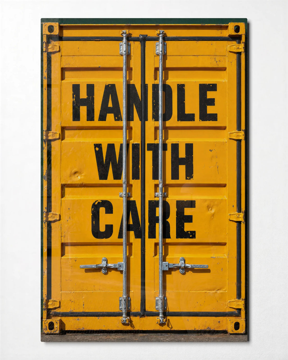 Handle With Care — front view of glass wall art