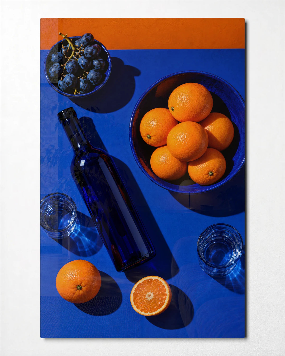 Oranges at the Table — front view of glass wall art