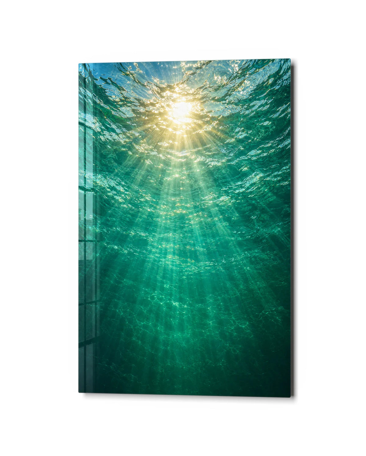 Under the Sunlit Surface — studio view of glass wall art