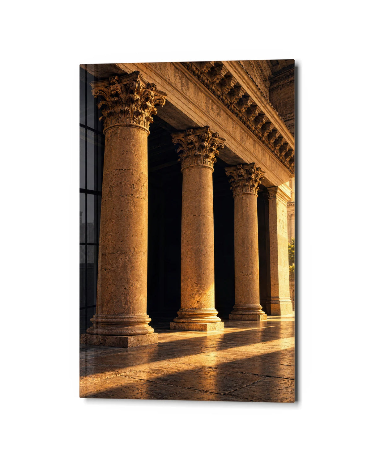 Columns in Evening Light — studio view of glass wall art