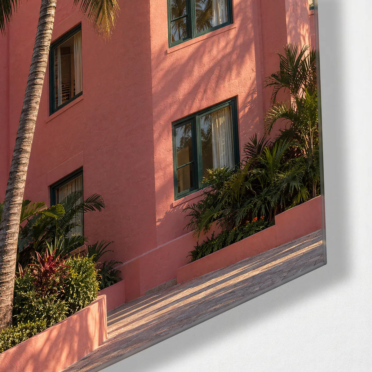 Palms at the Pink House — corner detail of glass wall art