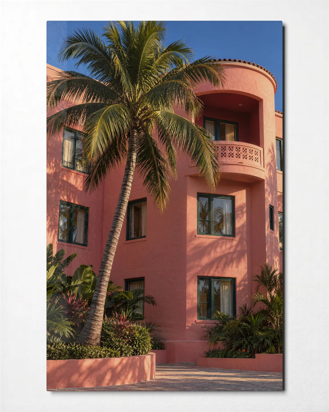Palms at the Pink House — front view of glass wall art