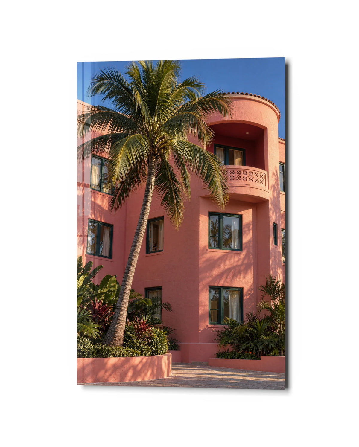 Palms at the Pink House — studio view of glass wall art