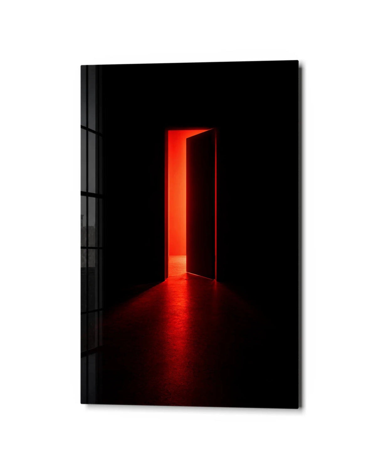 The Red Opening — studio view of glass wall art