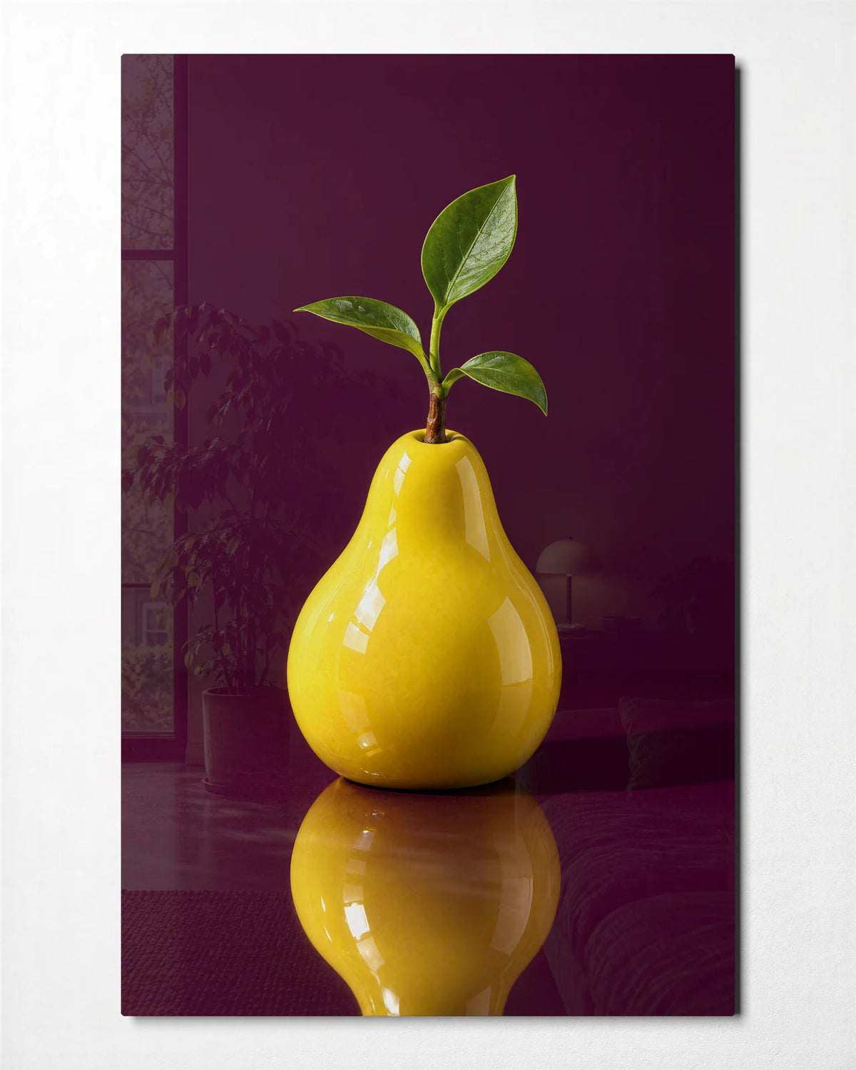 One Yellow Pear — front view of glass wall art