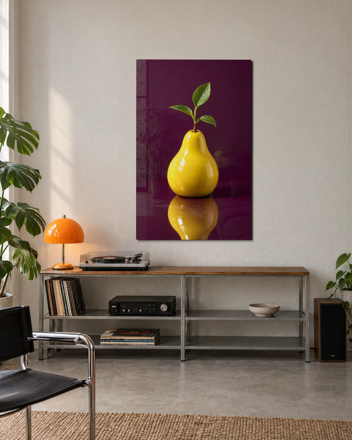 One Yellow Pear — shown in a living space