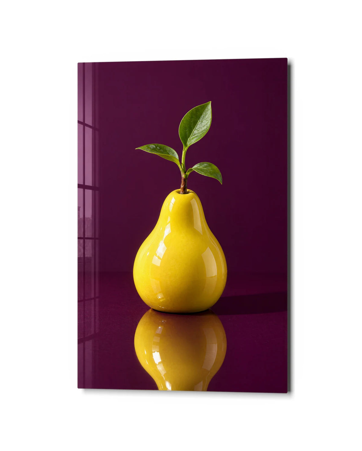 One Yellow Pear — studio view of glass wall art