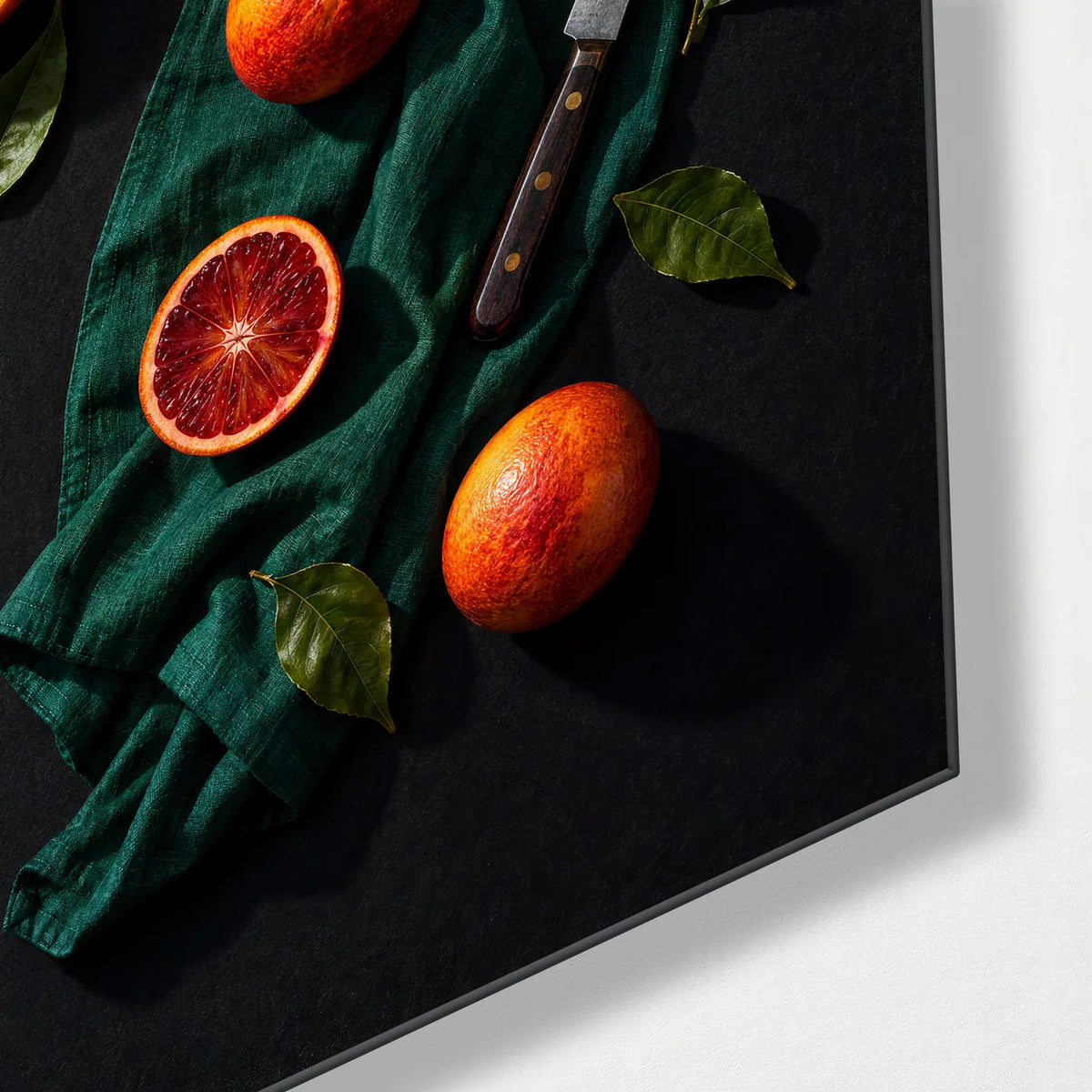 Blood Oranges on Green — corner detail of glass wall art