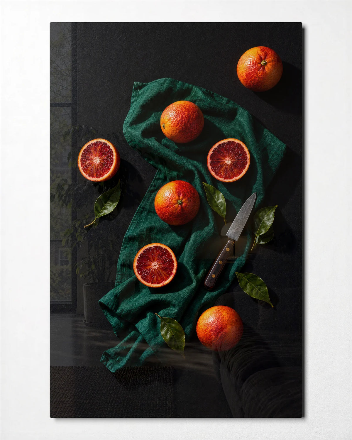 Blood Oranges on Green — front view of glass wall art