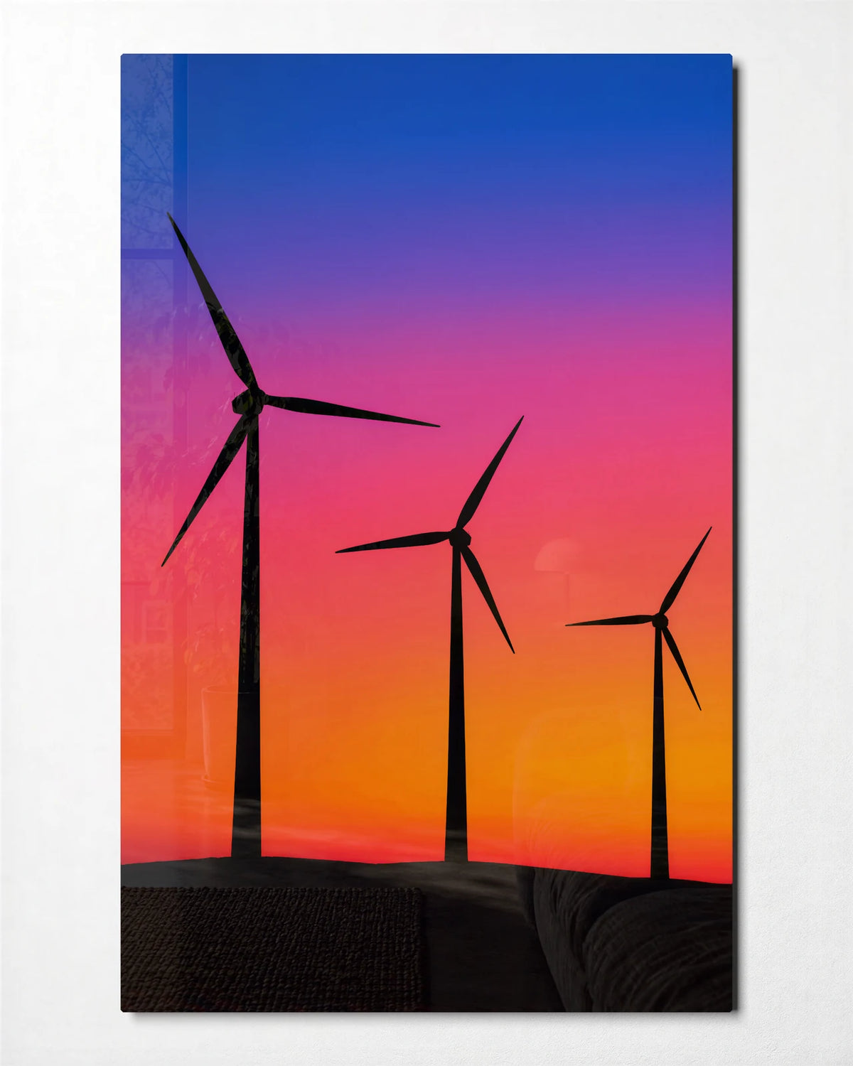 Turbines at Dusk — front view of glass wall art