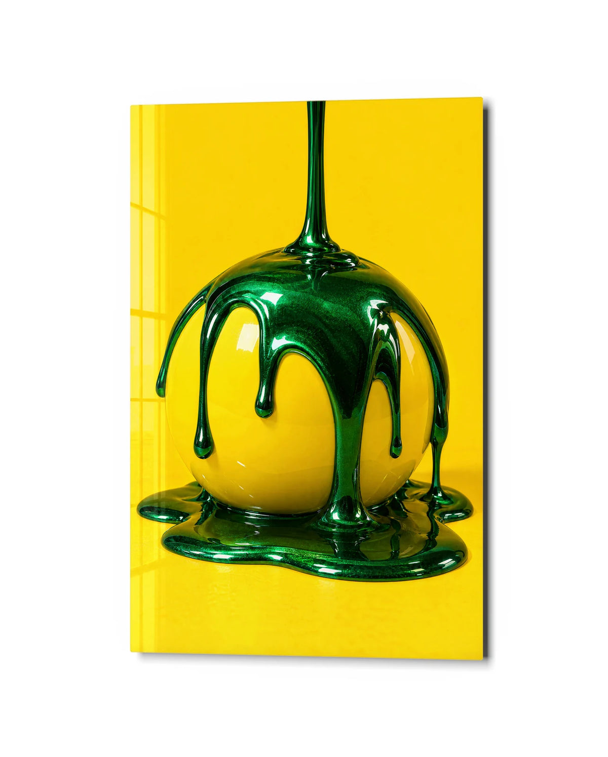 Green Over Yellow — studio view of glass wall art