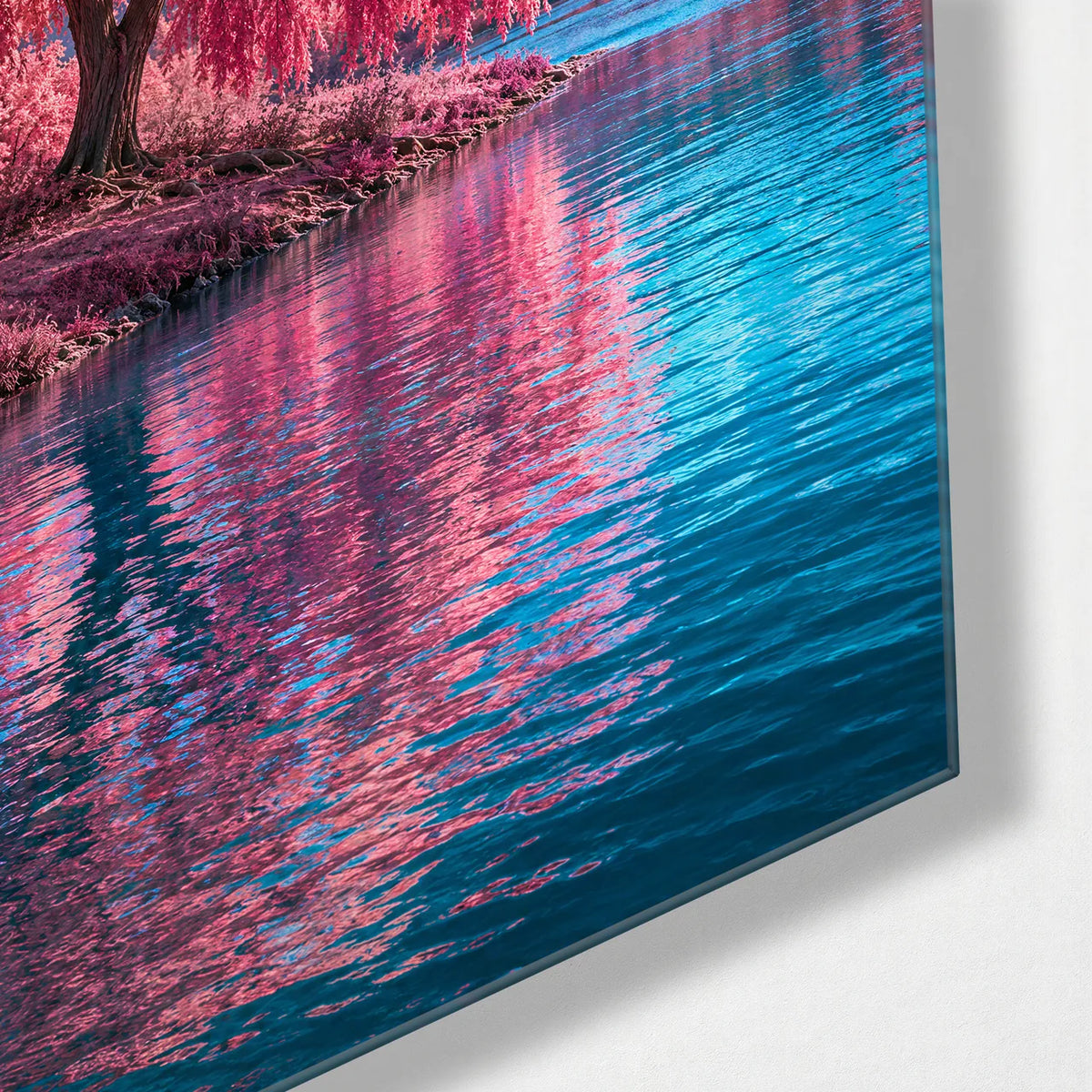Pink Willow Water — corner detail of glass wall art