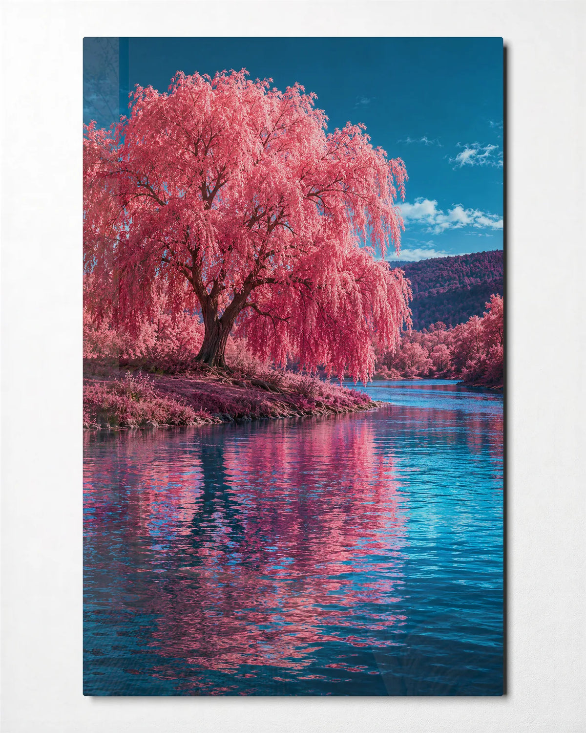 Pink Willow Water — front view of glass wall art