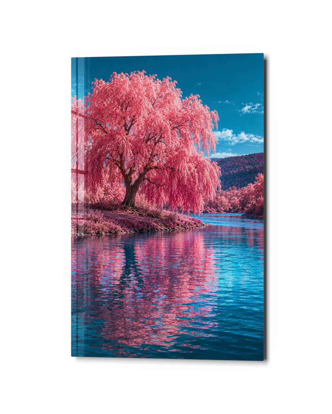 Pink Willow Water — studio view of glass wall art