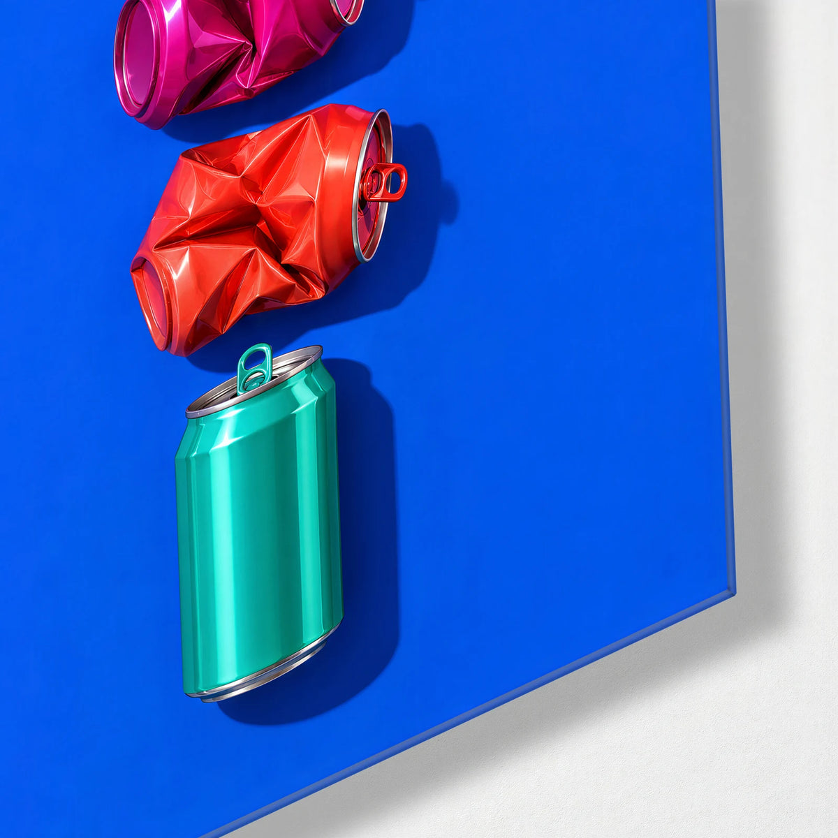 Cans in a Row — corner detail of glass wall art