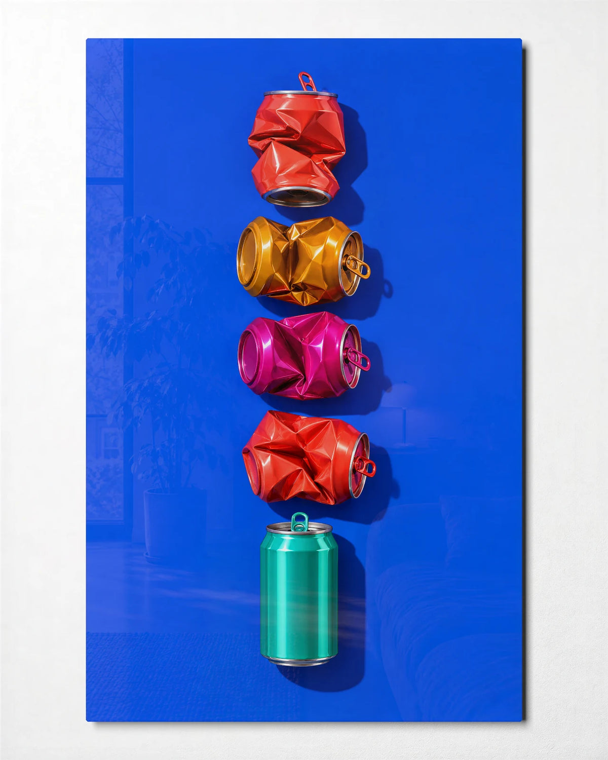 Cans in a Row — front view of glass wall art