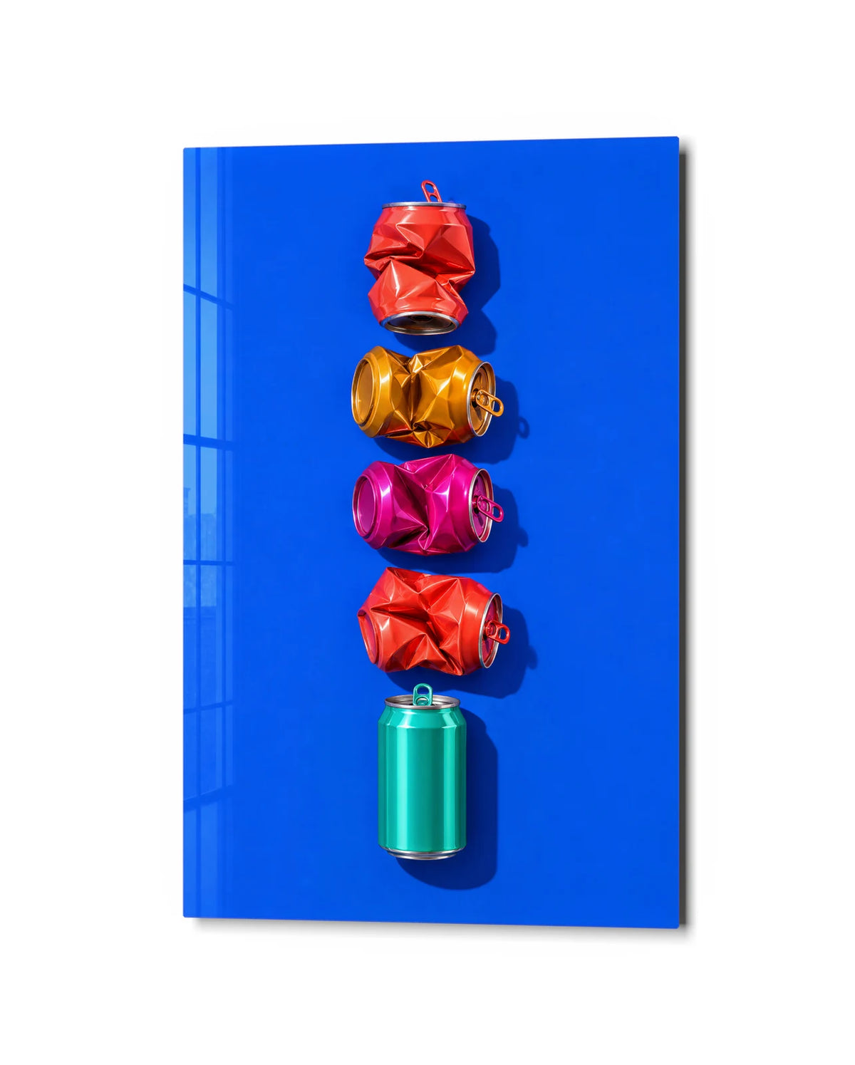 Cans in a Row — studio view of glass wall art