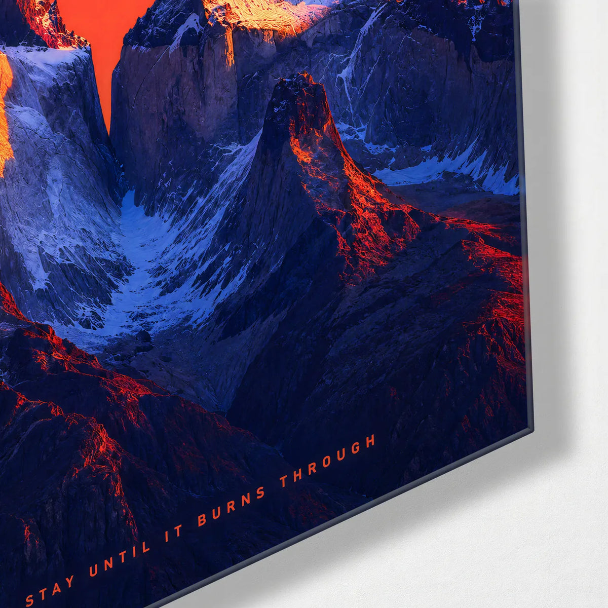 Sun Behind the Peaks — corner detail of glass wall art