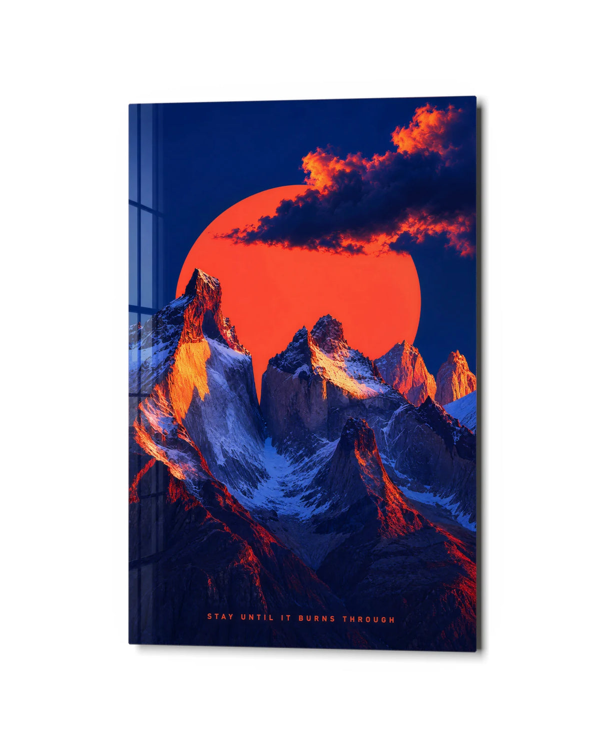 Sun Behind the Peaks — studio view of glass wall art