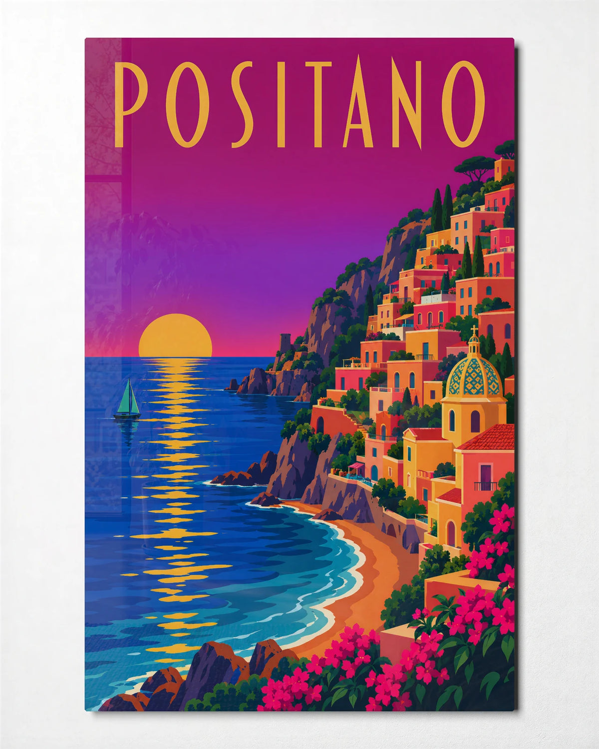 Positano at Sunset — front view of glass wall art