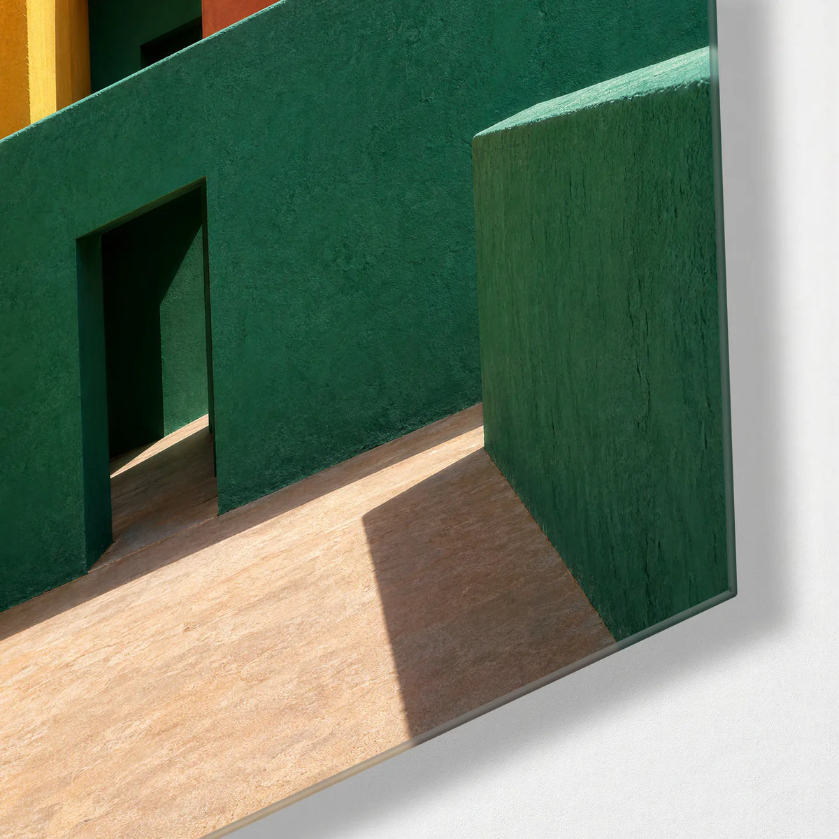 Courtyard in Three Colours — corner detail of glass wall art
