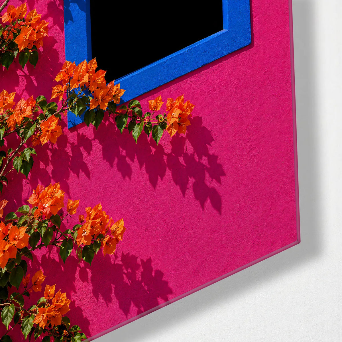 Orange Flowers Blue Frame — corner detail of glass wall art
