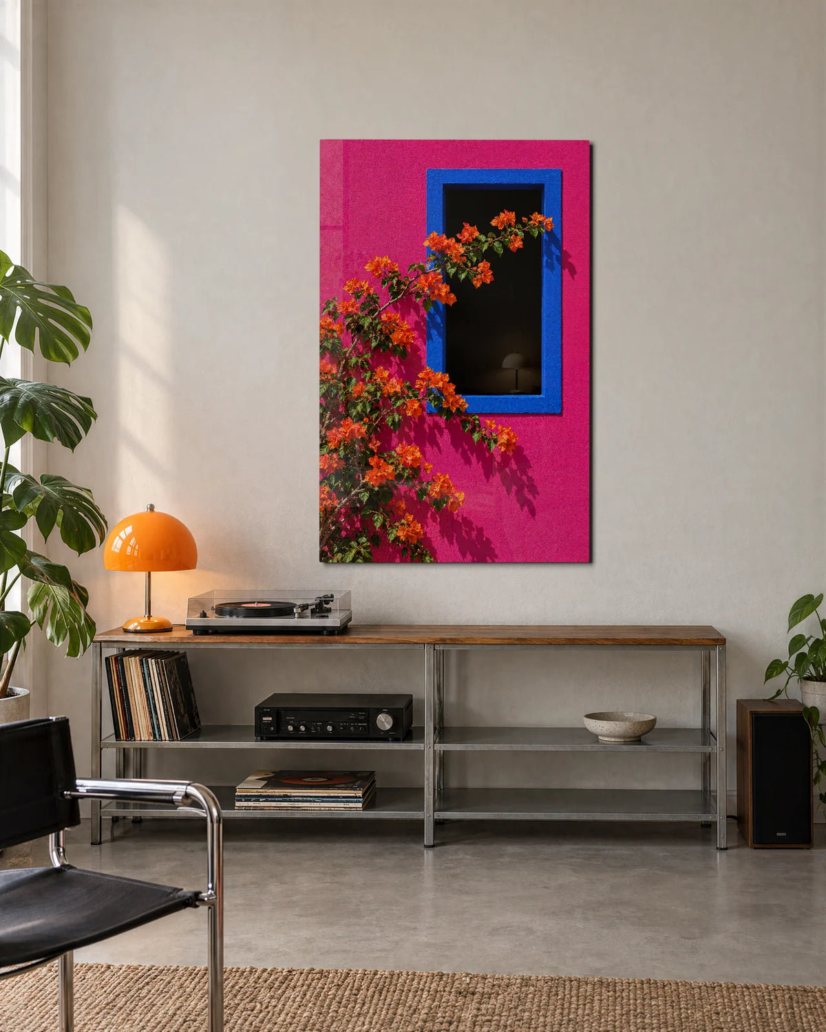 Orange Flowers Blue Frame — shown in a living space
