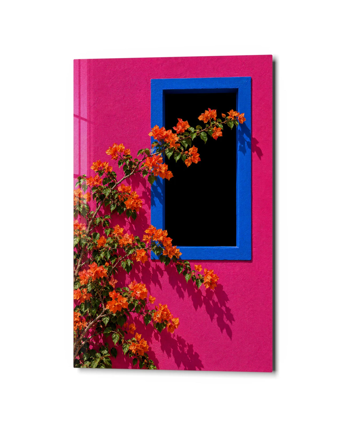 Orange Flowers Blue Frame — studio view of glass wall art