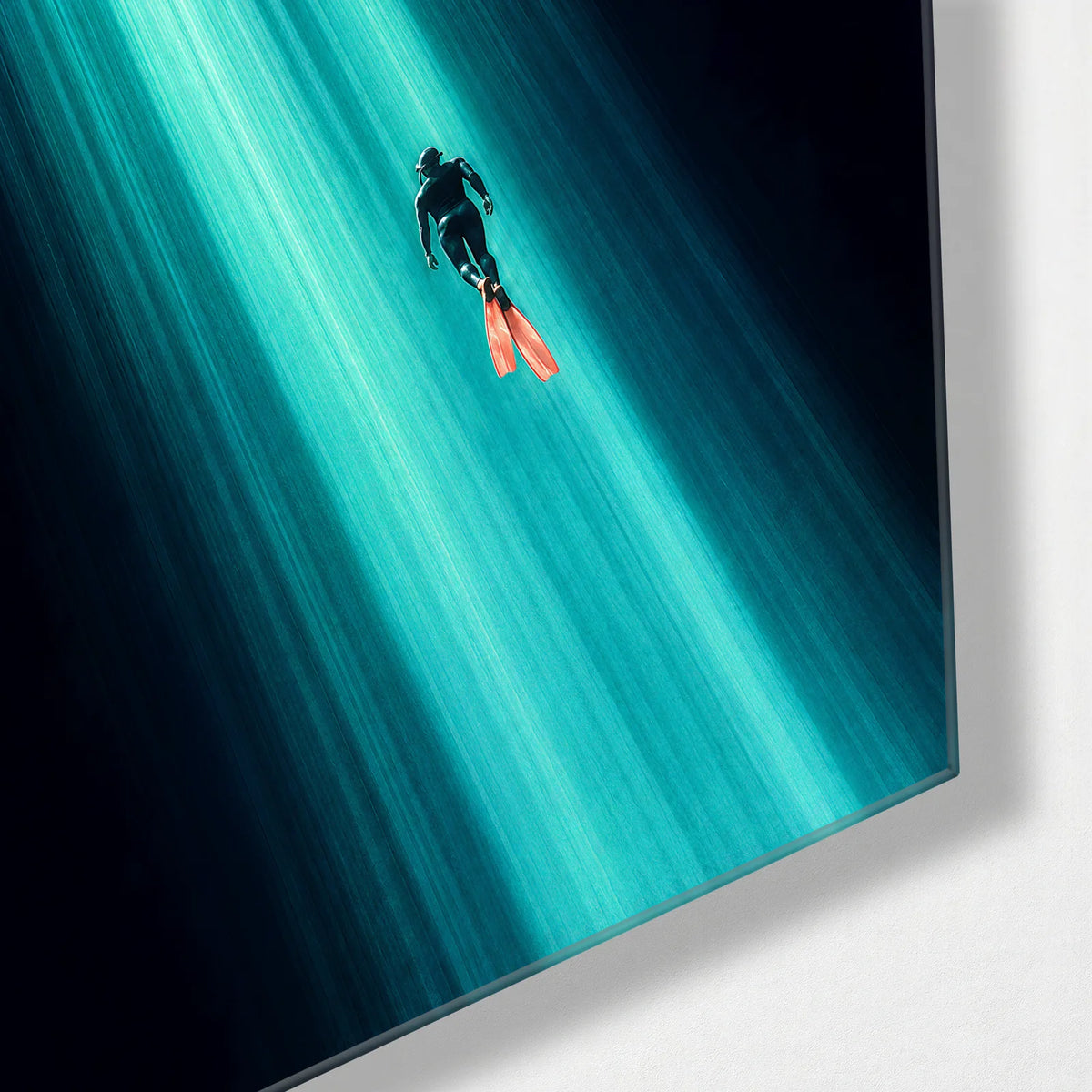 Caught in Blue Light — corner detail of glass wall art