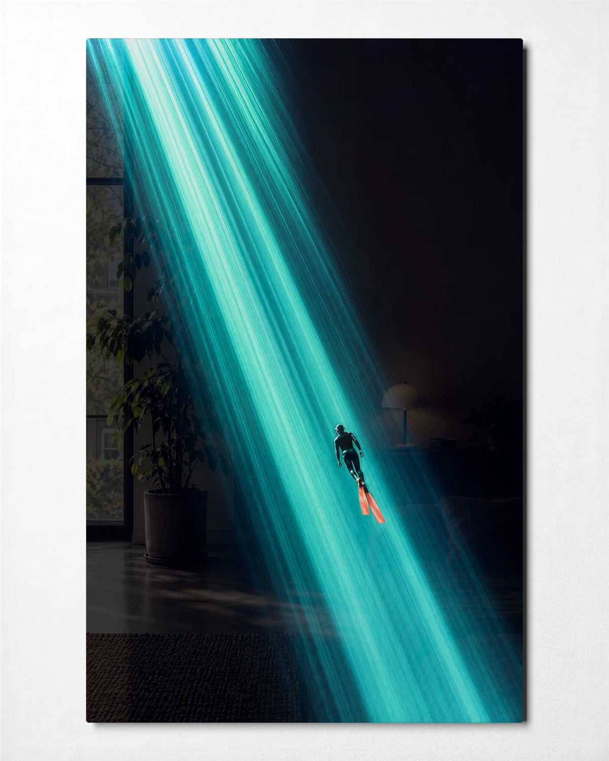 Caught in Blue Light — front view of glass wall art