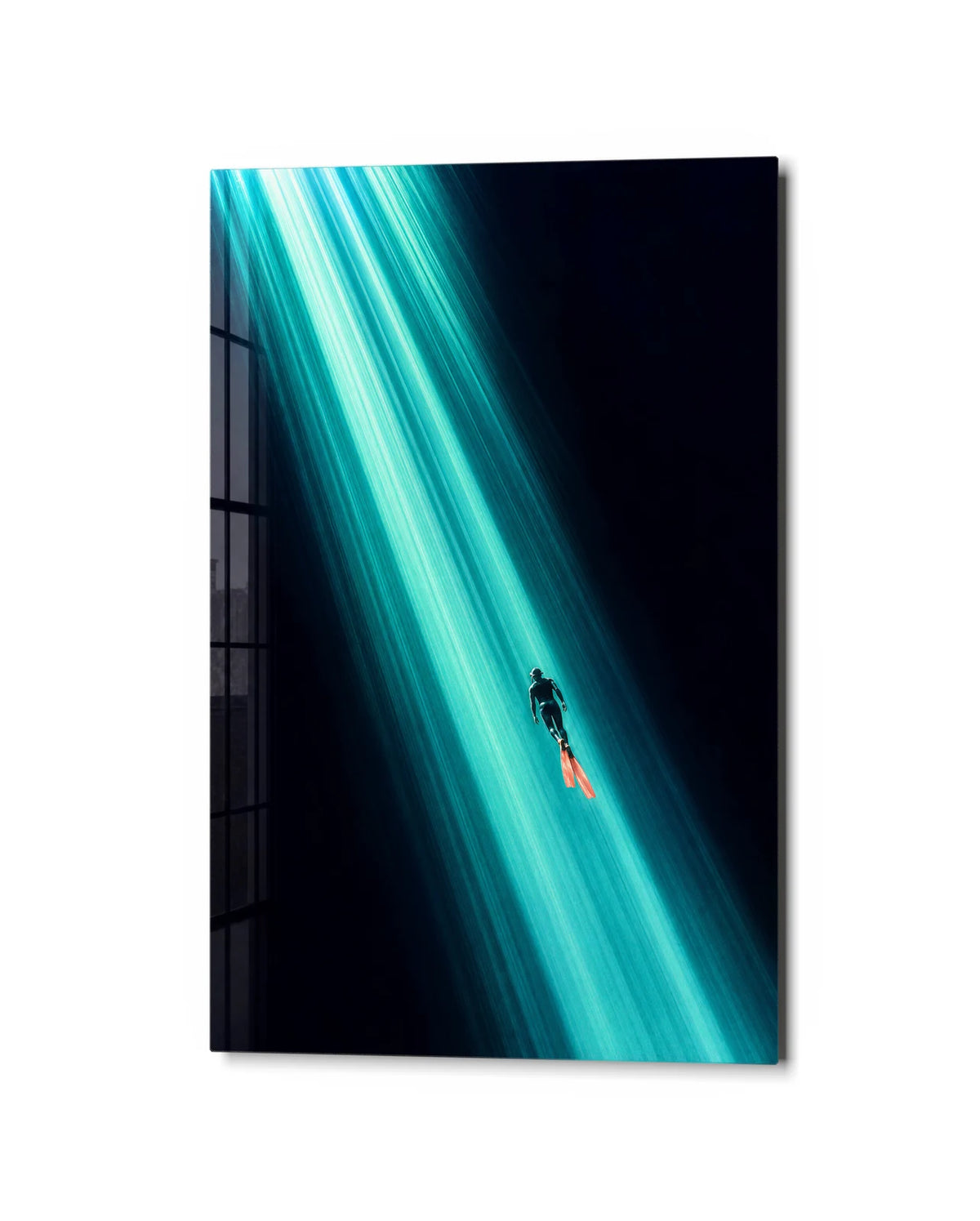 Caught in Blue Light — studio view of glass wall art