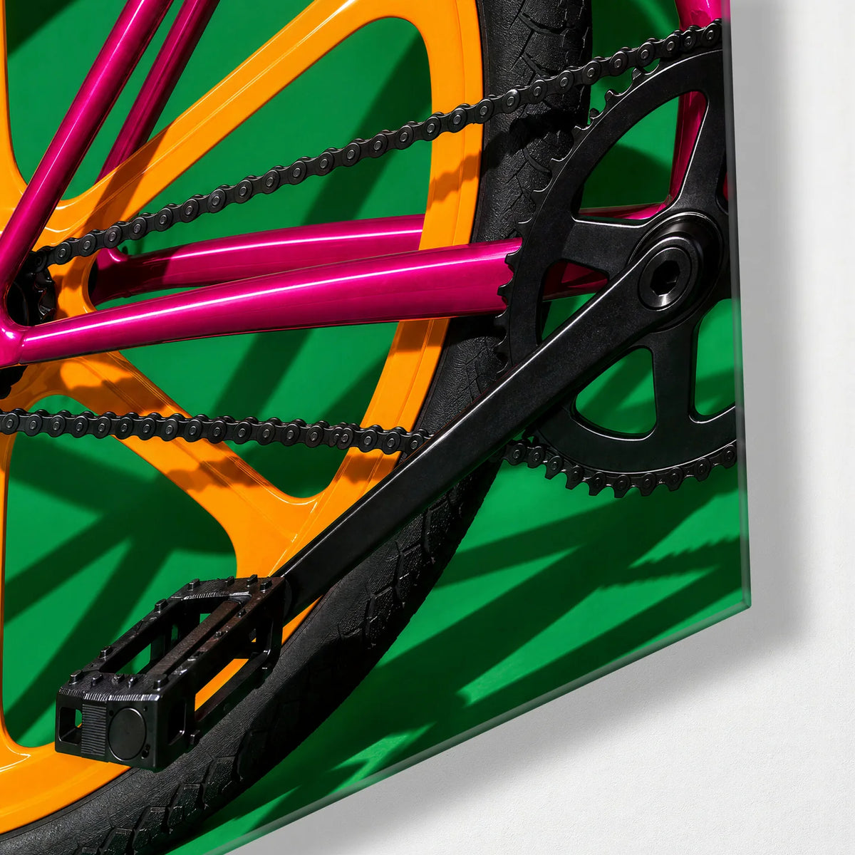 Bright Bicycle Detail — corner detail of glass wall art