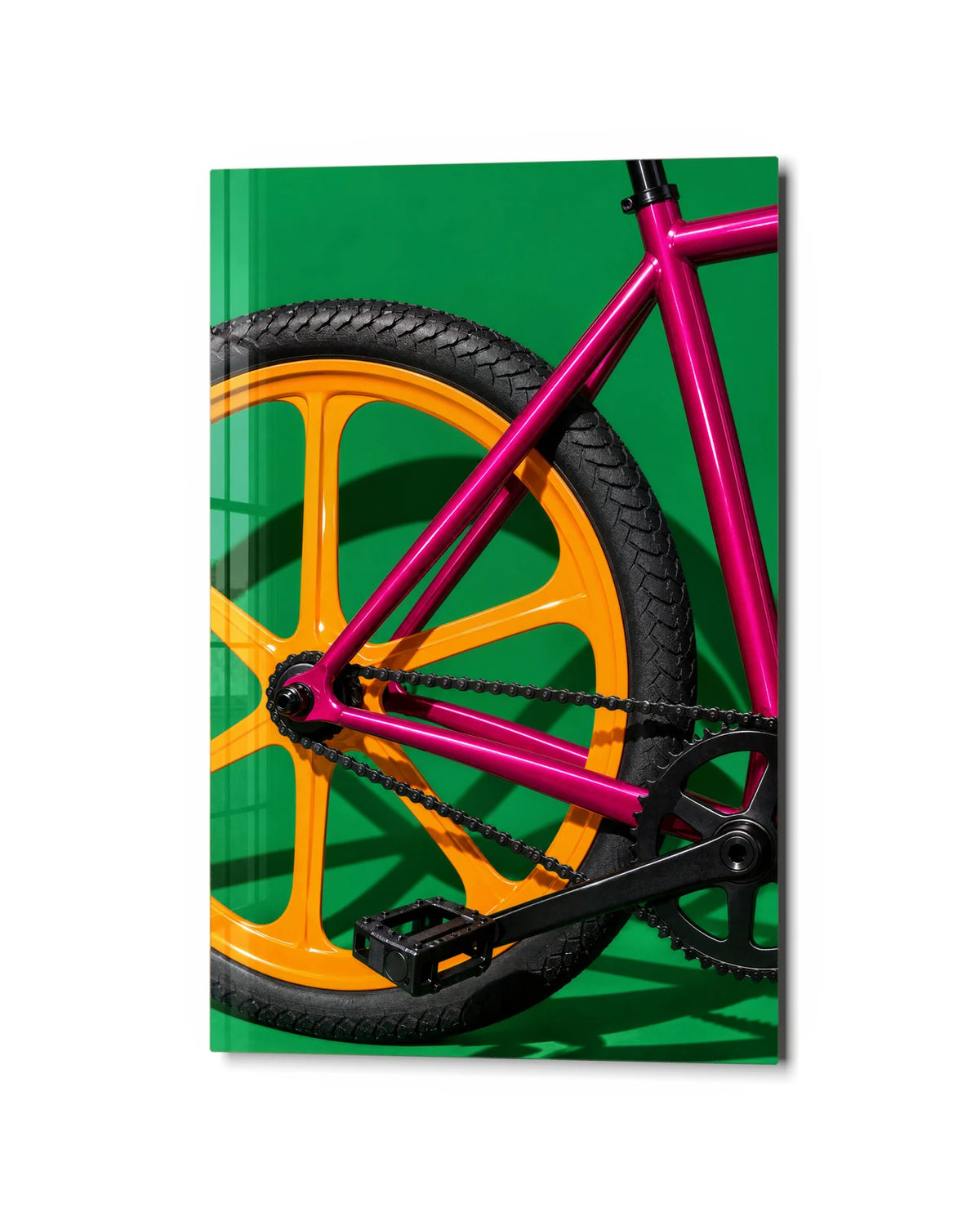 Bright Bicycle Detail — studio view of glass wall art