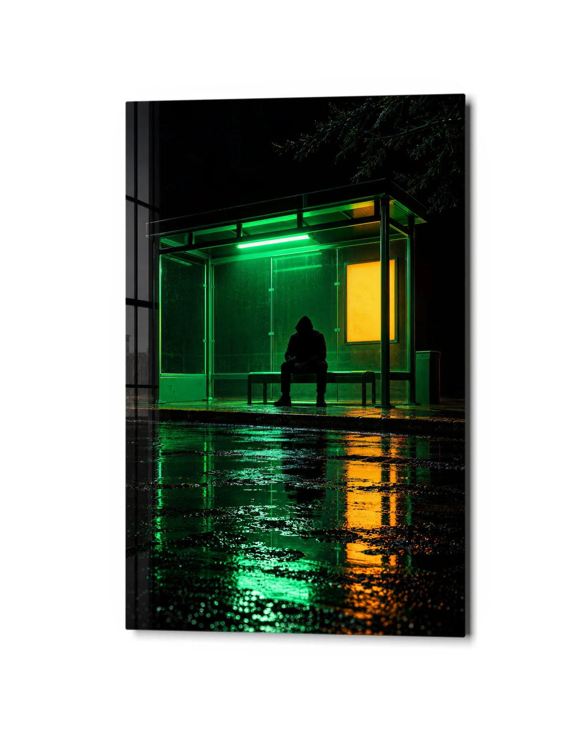 The Last Bus Light — studio view of glass wall art