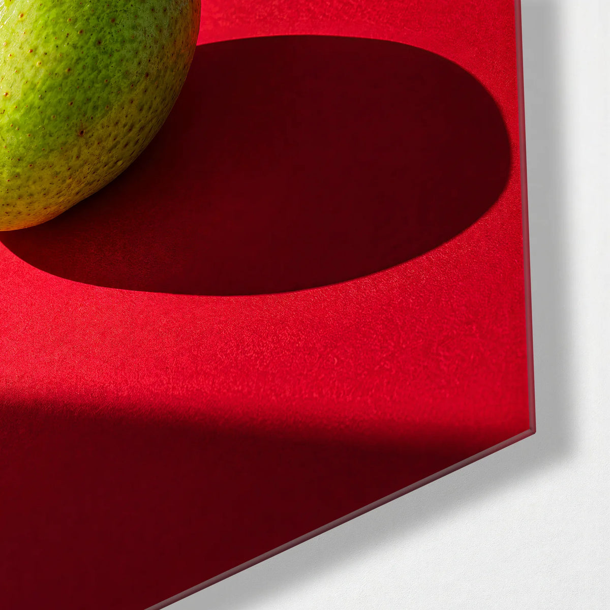Pear with a Long Shadow — corner detail of glass wall art