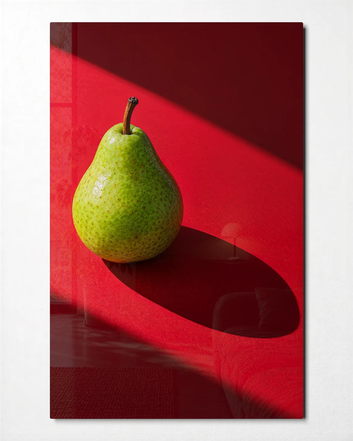 Pear with a Long Shadow — front view of glass wall art