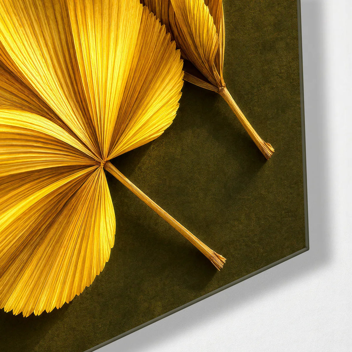 Golden Fan Leaves — corner detail of glass wall art