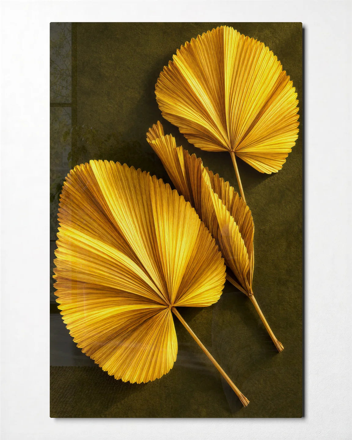 Golden Fan Leaves — front view of glass wall art