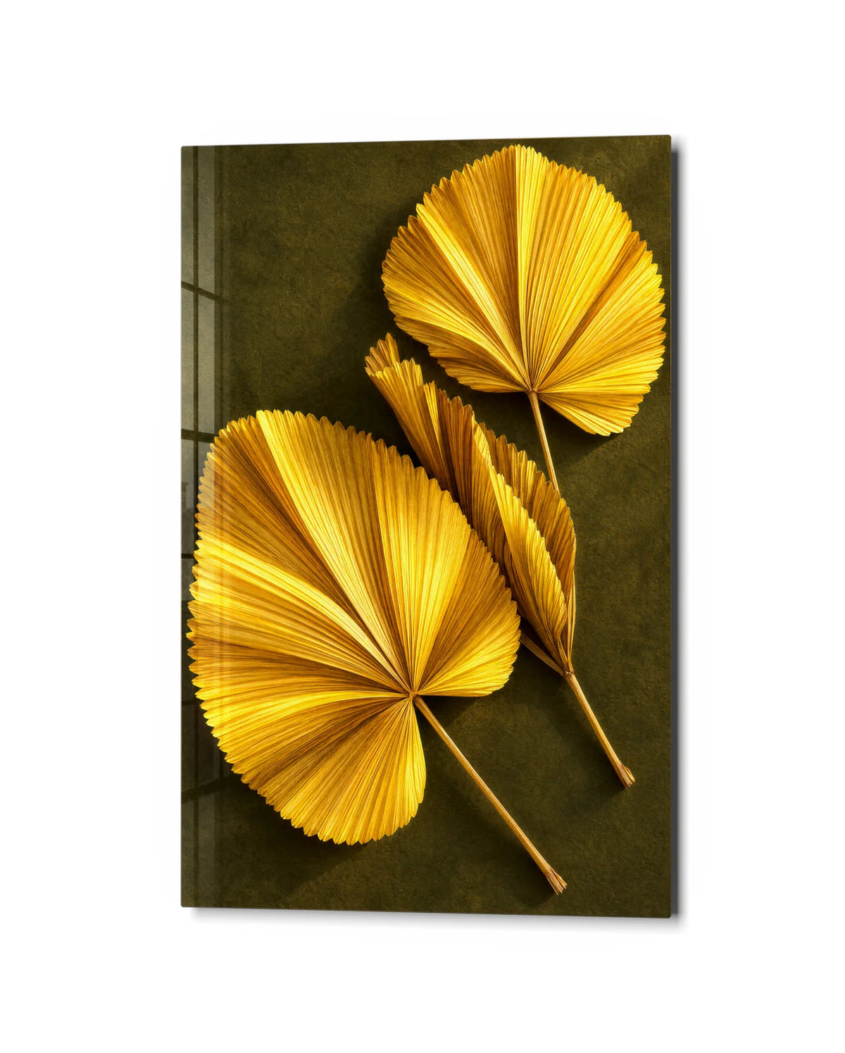 Golden Fan Leaves — studio view of glass wall art