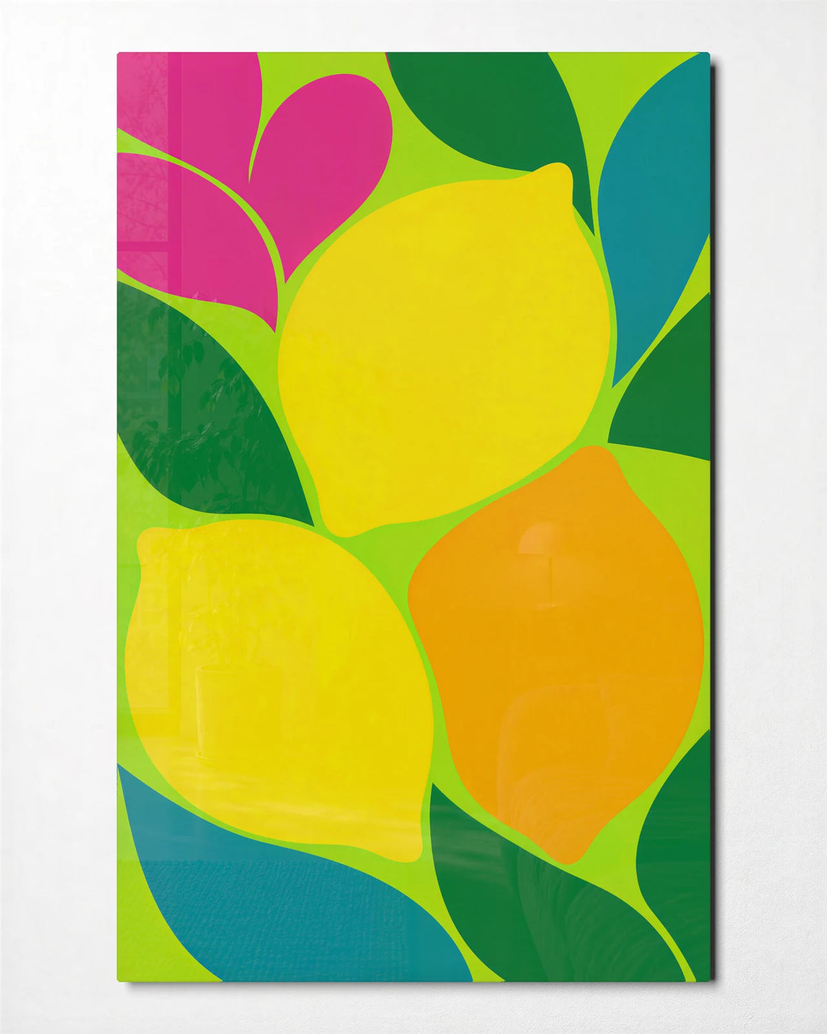 Lemons in the Leaves — front view of glass wall art